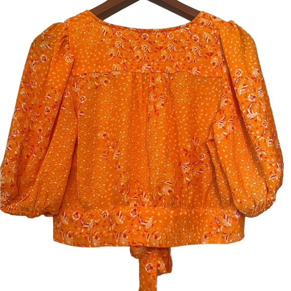 Joie Orange Floral Print Elbow Length Puff Sleeve Crop Top - Picture 6 of 12